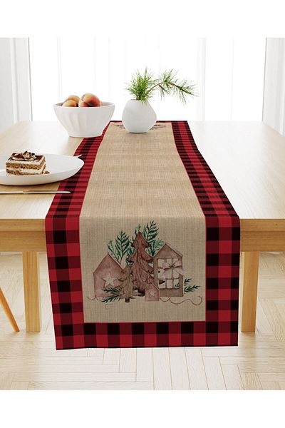 Evmila Christmas Themed Tree Patterned Velvet Runner