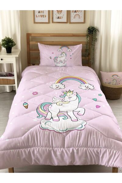 Evmila Unicorn Ve Gökkuşağı Desenli Kapitone Yorgan,dekoratif Yatak Örtüsü