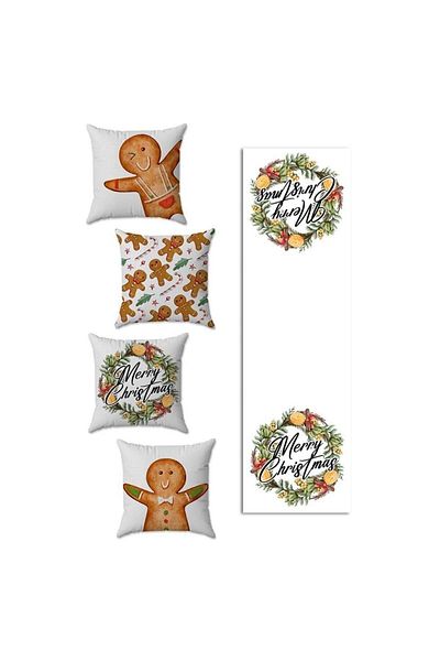 Evmila New Year's Themed 4-Piece Throw Pillow and Runner Set - Set of 5