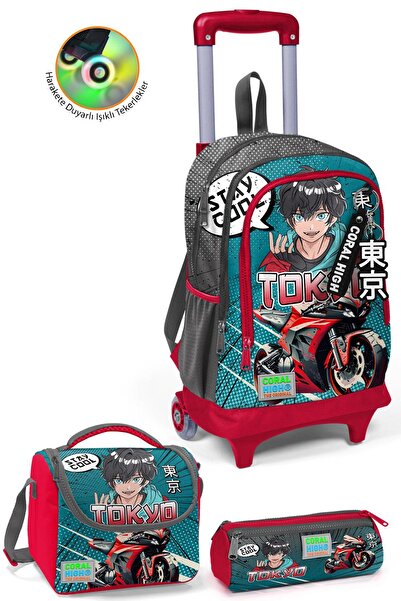 Coral High Набір з 3 сірих сумок з малюнком мотоцикла в стилі аніме - три відділення та ручка SET0123964