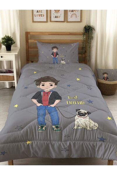 Evmila Köpekli Çocuk Desenli Kapitone Yorgan,dekoratif Yatak Örtüsü