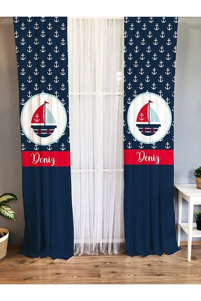 Evmila Printed Ship Patterned Single Wing Velvet Texture Background Curtain - Navy Blue