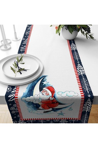 Evmila Christmas Themed Santa Claus Lying on the Moon Patterned Velvet Runner