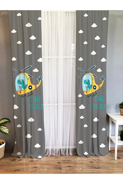 Evmila Printed Dinosaur Patterned Single Wing Velvet Texture Background Curtain Using Helicopter - Gray