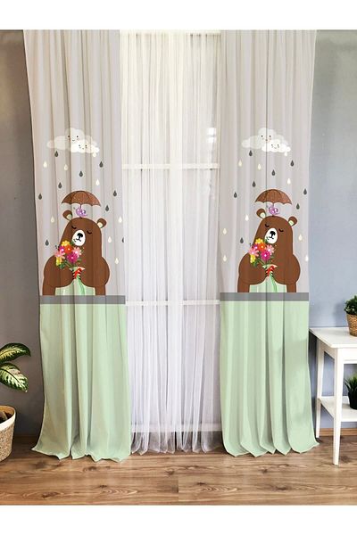 Evmila Printed Teddy Bear Patterned Single Wing Velvet Texture Background Curtain - Gray
