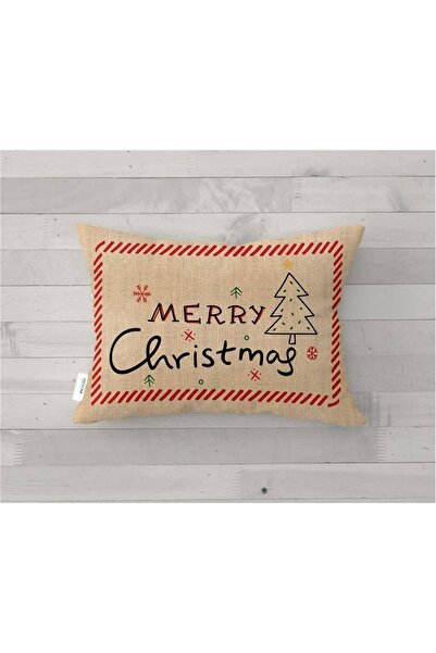 Evmila Yılbaşı Özel Ağaç Desenli Merry Christmas Yazılı Kadife Kırlent Kılıfı