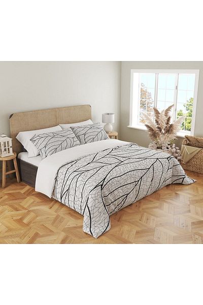 Evmila Set cuvertură de pilota dublă 200x220 cm cu model frunze imprimate - alb