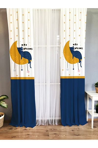 Evmila Printed Cat Sleeping on the Moon Patterned Single Wing Velvet Texture Background Curtain - Navy Blue