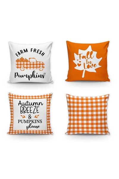 Evmila Portocaliu și alb Gingham Fall- Truck Pattern 4 piese perne de toamnă