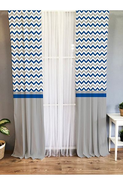 Evmila Printed Zigzag Patterned Single Wing Velvet Texture Background Curtain - Gray And Blue