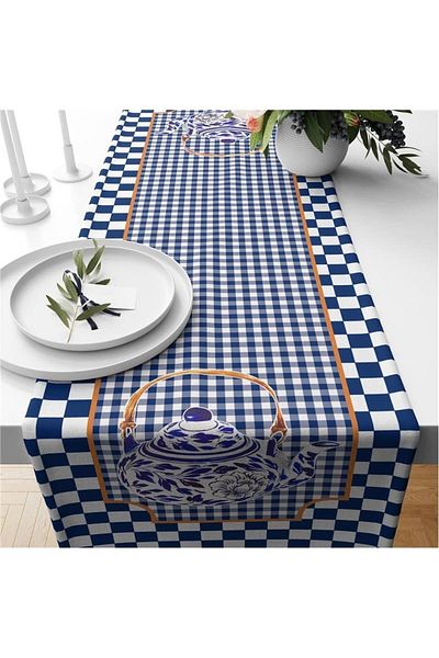 Evmila Runner din catifea cu model Gingham albastru