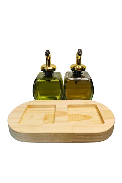 PITRAK PıtrakStore - Transparent Olive Oil Set of 2 with Wooden Stand 150ml Gold Head