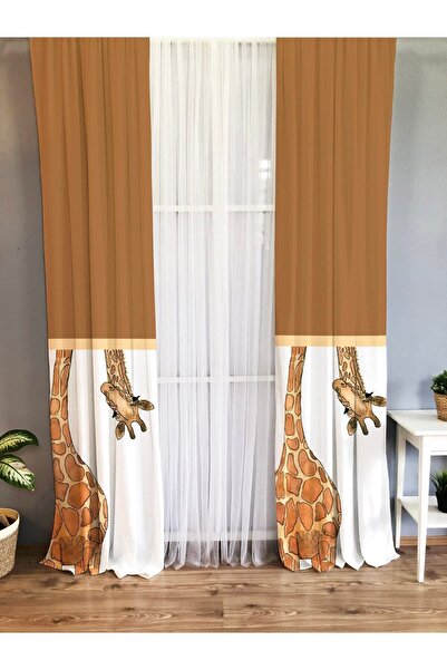 Evmila Baskılı Zürafa Desenli Tek Kanat Kadife Doku Fon Perde - Kahverengi