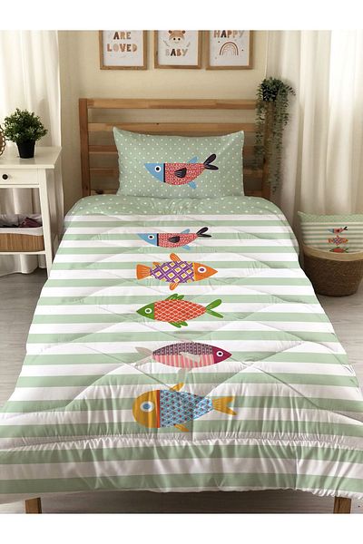 Evmila Fish Patterned Green Striped Quilted Quilt, Single Sleeping Set