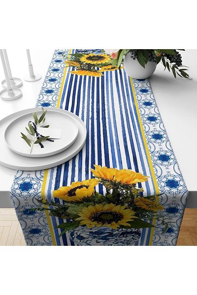 Evmila Runner din catifea cu model de floarea soarelui Blue Gingham