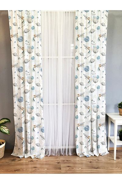 Evmila Printed Space Pattern Single Wing Velvet Texture Background Curtain - White