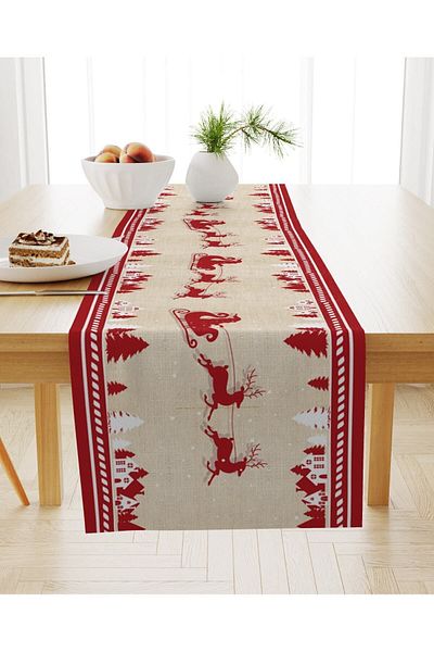 Evmila Christmas Themed Velvet Runner with Deer Pattern