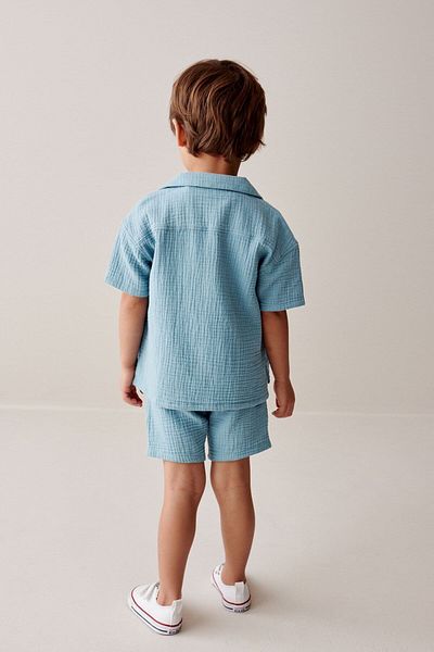 Next Baby 100% Cotton Blue Short Sleeve Mülin Shirt Shorts 100% Cotton Thsirt Set of 3