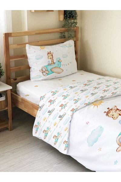 Evmila Set de lenjerie de pat cu o singură față, cu model de girafă, imprimat, alb