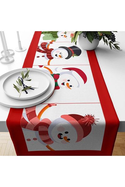 Evmila New Year's Themed Snowman Patterned Velvet Runner
