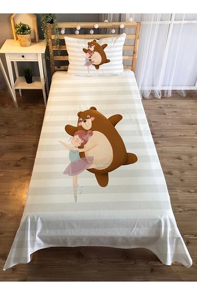 Evmila Ballerina Girl and Bear Patterned Single Velvet Bedspread - white