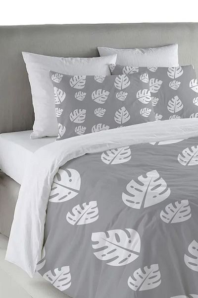 Evmila White Leaf Pattern Printed Double 200x220 Cm Duvet Cover Set - Gray