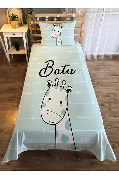 Evmila Cuvertură de pat din catifea cu model girafe - albastru