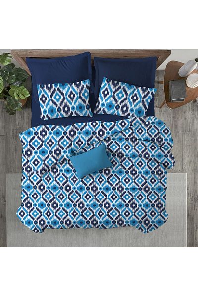 Evmila Model Geometric Imprimat Dublu 200x220 Cm 2 Bucuri 50x70cm Set Pilomă - Albastru