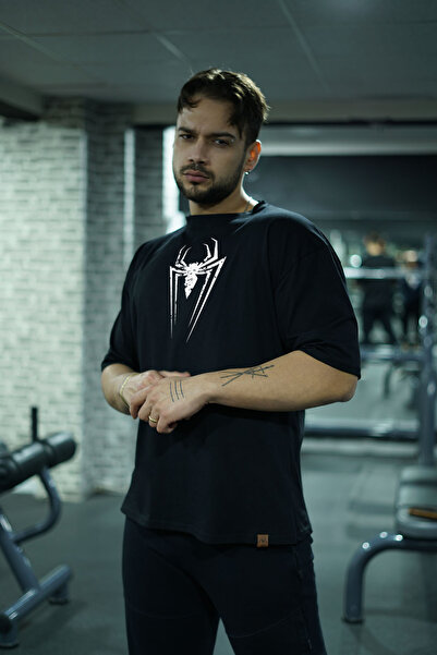 Oxlade Tricou negru supradimensionat Spider pentru bărbați - Potrivire relaxa...