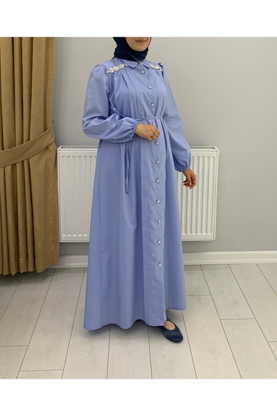 Ahel Tasarım TUHARA BUTİK JULİA OMZU TAŞ DETAYLI NERVÜRLÜ ELBİSE