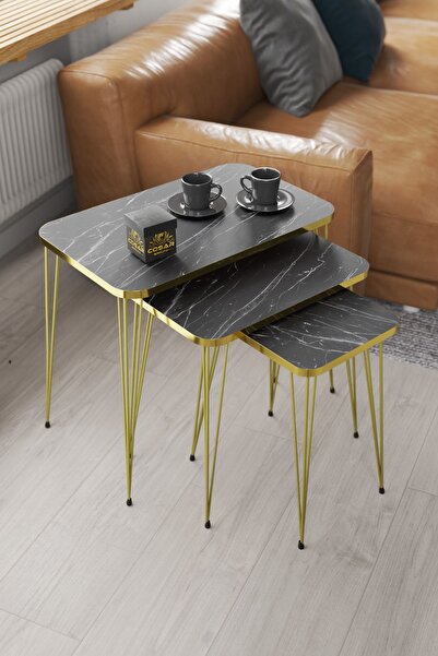 Cosargroup Zigon Sehpa Gold Ayak Gold Kenar Zigon Sehpa Seti 3lü Zigon