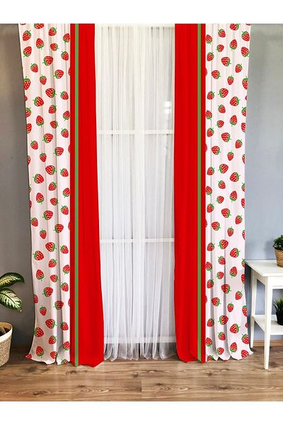 Evmila Printed Strawberry Patterned Single Wing Velvet Texture Background Curtain - Red