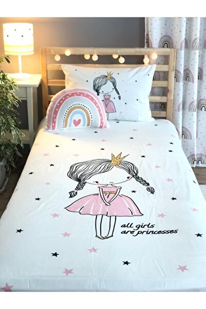 Evmila Beyaz Prenses Taçlı Kız Dekoratif Yatak Örtüsü Yö768
