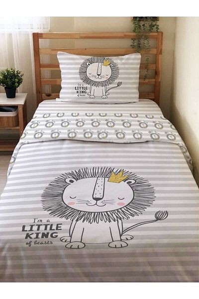 Evmila Double Sided Lion Patterned Set of 2 Without Sheets Printed Single Duvet Cover Set Gray