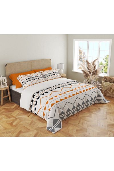 Evmila Model Geometric Imprimat Dublu 200x220 Cm 2 Bucuri 50x70cm Set Pilomă - Alb