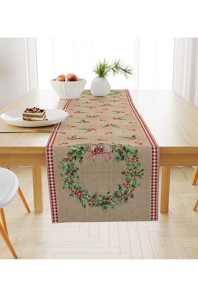 Evmila Christmas Themed Wreath Patterned Velvet Runner