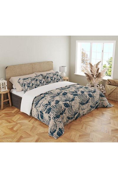 Evmila Σετ Παπλωματοθήκη Διπλό 200x220 εκ. Silik Blue Leaf Pattern Printed - Cream