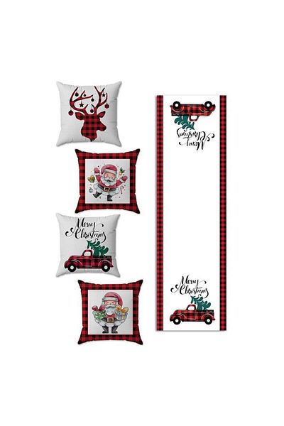 Evmila New Year's Themed 4-Piece Throw Pillow Cover and Runner 5-Piece Set