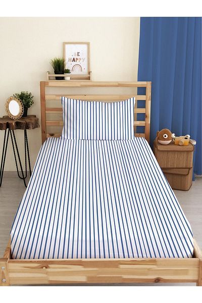 Evmila Blue Striped Printed Single Elastic Sheet Set Colorful