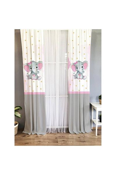 Evmila Elephant Patterned Children's Room Background Curtain