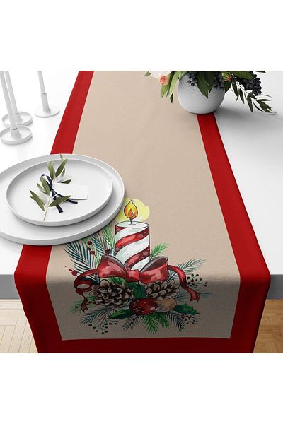 Evmila Christmas Candle Patterned Velvet Runner