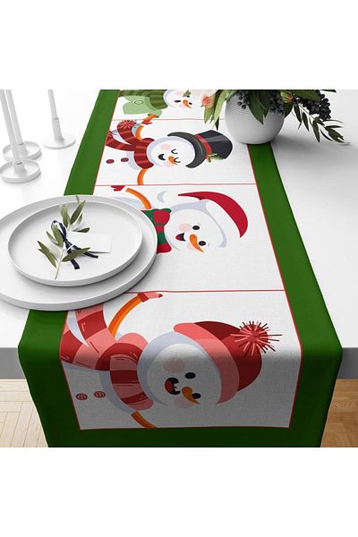 Evmila New Year's Themed Snowman Patterned Velvet Runner