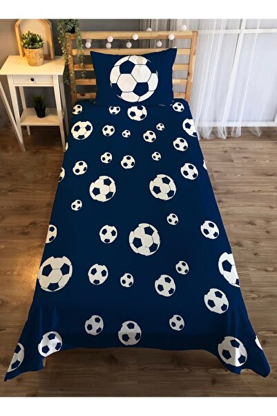 Evmila Futbol Topu Desen Baskılı 140x220 Cm Dekoratif Yatak Örtüsü Lacivert