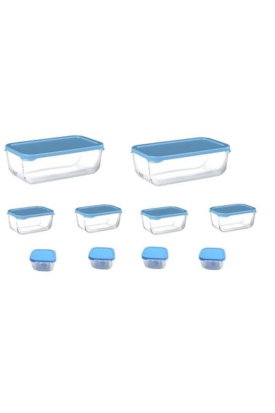 Paşabahçe Snowbox 10 Pcs. Glass Storage Container with Blue or Green Lid