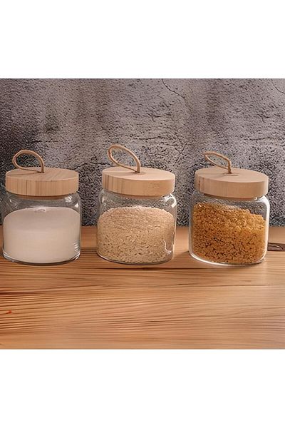 Paşabahçe Woody Jar with Wooden Lid 575 Cc -3 Pieces