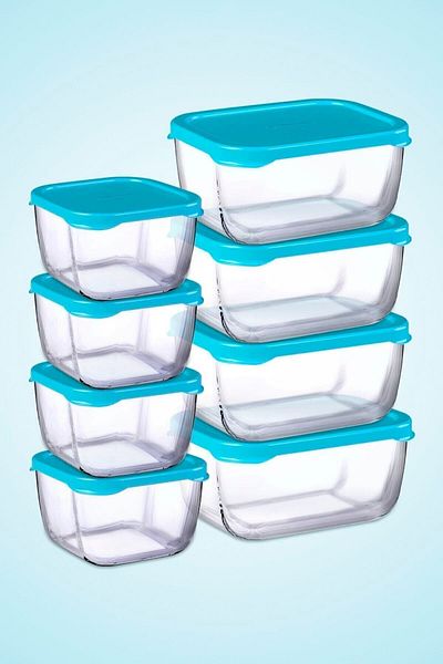 Paşabahçe 8 Piece Snowbox Storage Container Set Light Blue with Lid 4 Medium 4 Small (Light Blue)