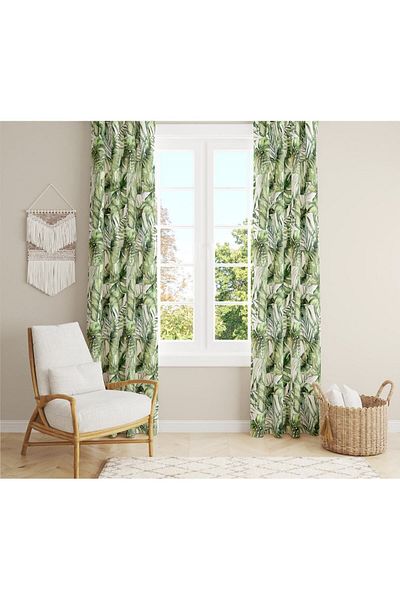 Evmila Velvet Texture Printed Tropical Leaf Patterned Background Curtain