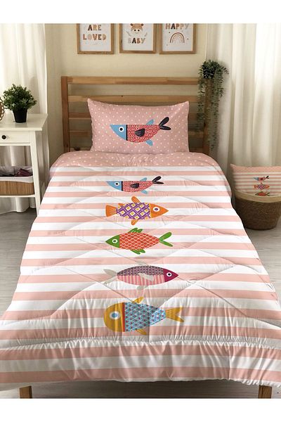 Evmila Fish Patterned Pink Striped Quilted Quilt, Single Sleeping Set