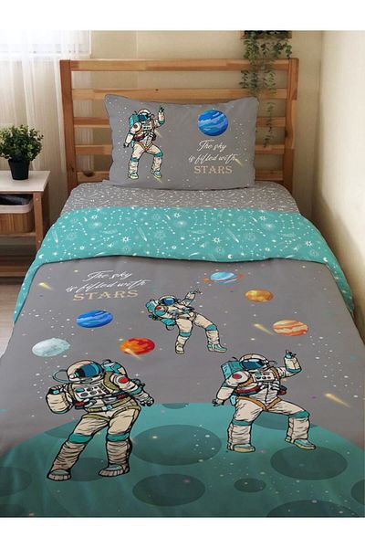 Evmila Double Sided Astronaut Patterned 2-Piece Set Without Sheets Printed Single Duvet Cover Set Gray