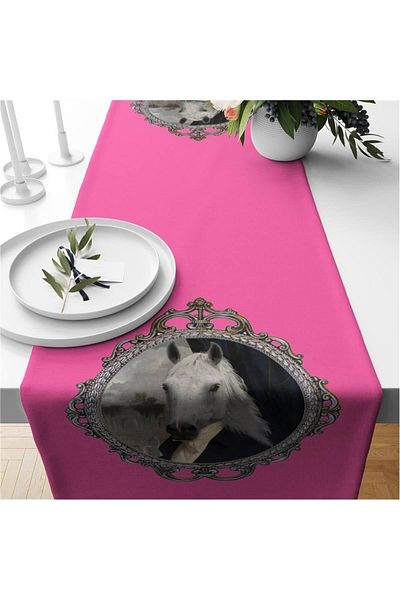 Evmila Pink Background Horse Painting Patterned Velvet Runner